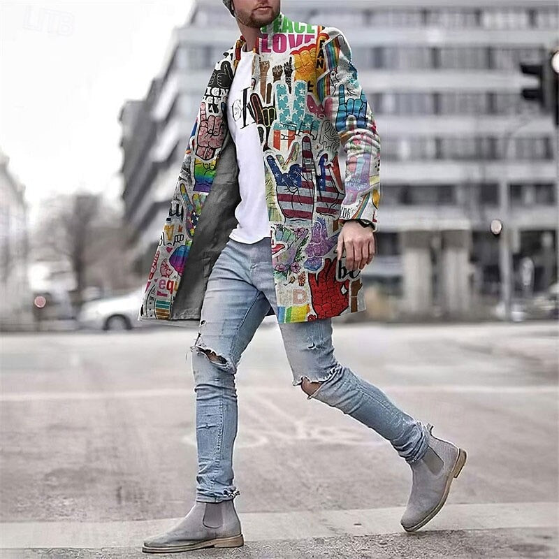 Herr Grafisk Lång Kappa – Trendig Streetwear Statementjacka för Män
