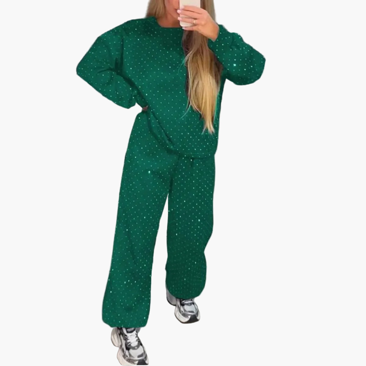 Dam Set Loungewear Avslappnad Stil med Glittrande Prickar – Perfekt för Hemma och Vardag