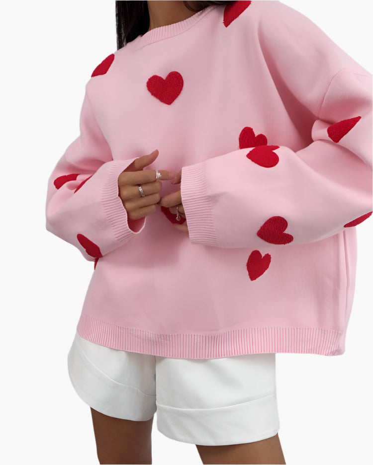 Damtröja Oversized Mysig Sweater med Hjärtan – Perfekt för Hemma och Avslappnade Dagar