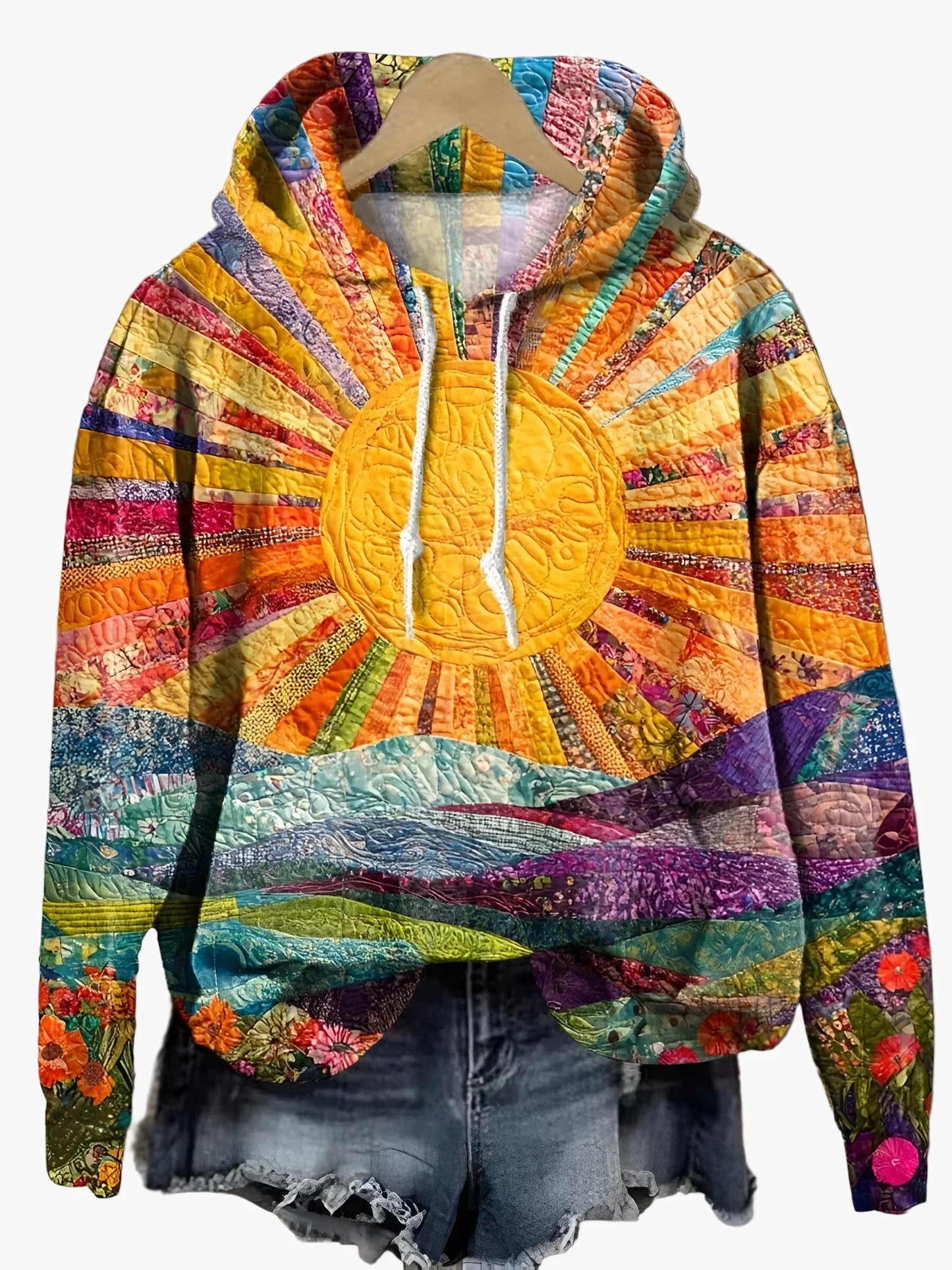 Damhoodie med färgstarkt soluppgångsmotiv – Bohemisk konststil, avslappnad vardagsanvändning