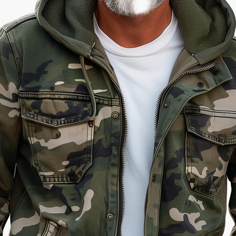 Herrjacka med huva – Cargo Camouflagejacka för utomhusbruk och streetwear