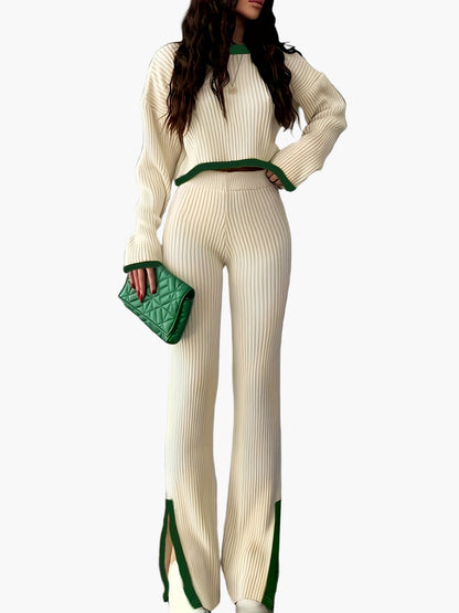 Dam Set Elegant Stickad Loungewear Set med Vida Byxor och Tröja – Perfekt för Höst och Vinter