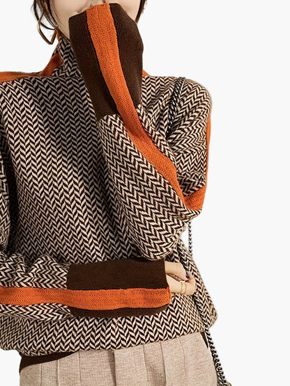 Damstickad elegant höst/vintertröja med hög krage och modern mönsterdesign – vardags- och kontorsstil