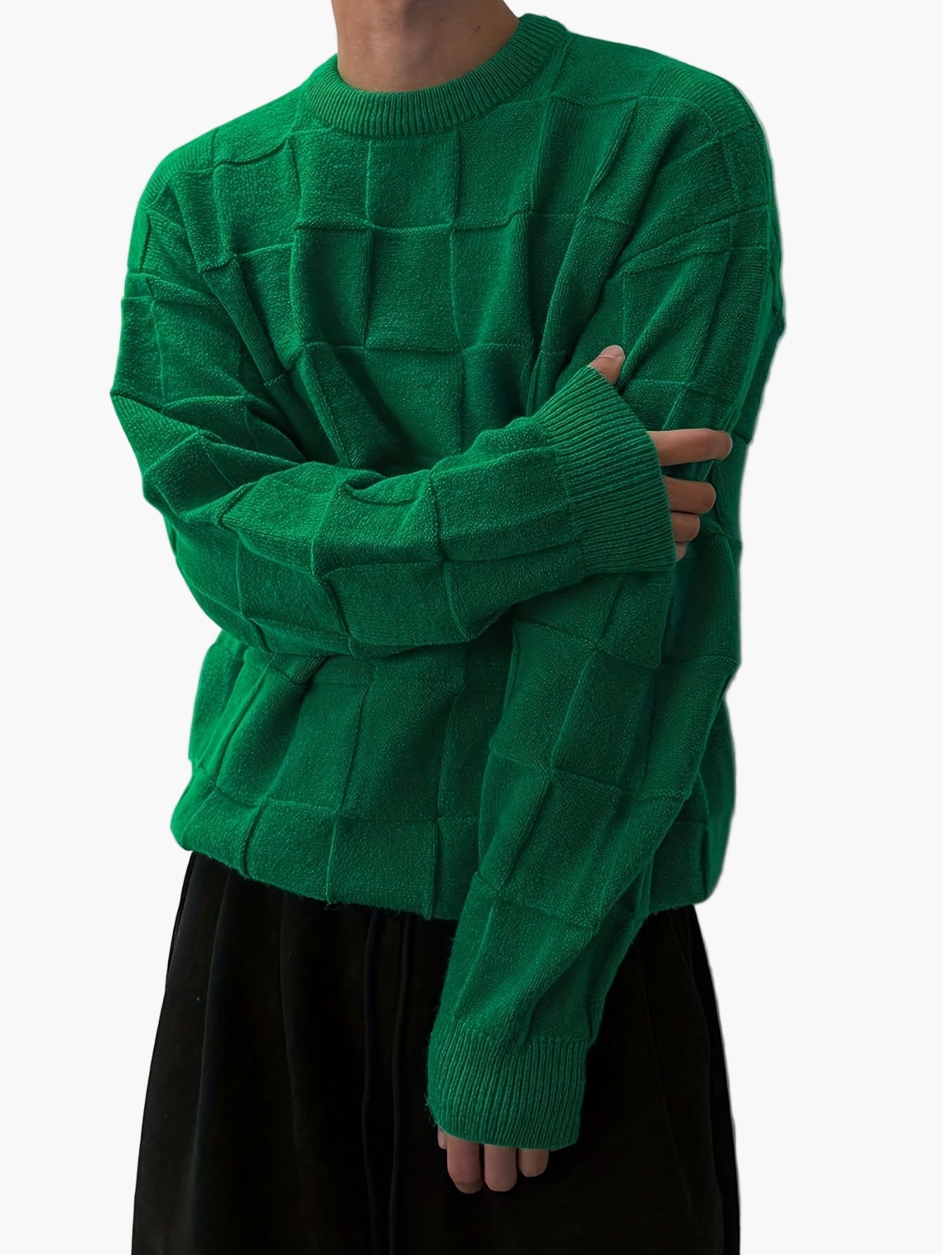 Herr Stickad Streetwear Tröja med Rutmönster – Avslappnad och Trendig för Höst/Vinter