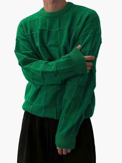 Herr Stickad Streetwear Tröja med Rutmönster – Avslappnad och Trendig för Höst/Vinter