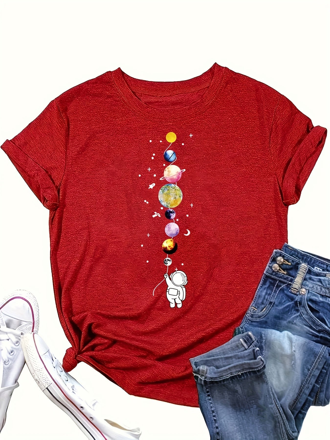 Dam T-shirt med Astronaut och Planeter – Trendig och Kreativ Design, Casual Stil
