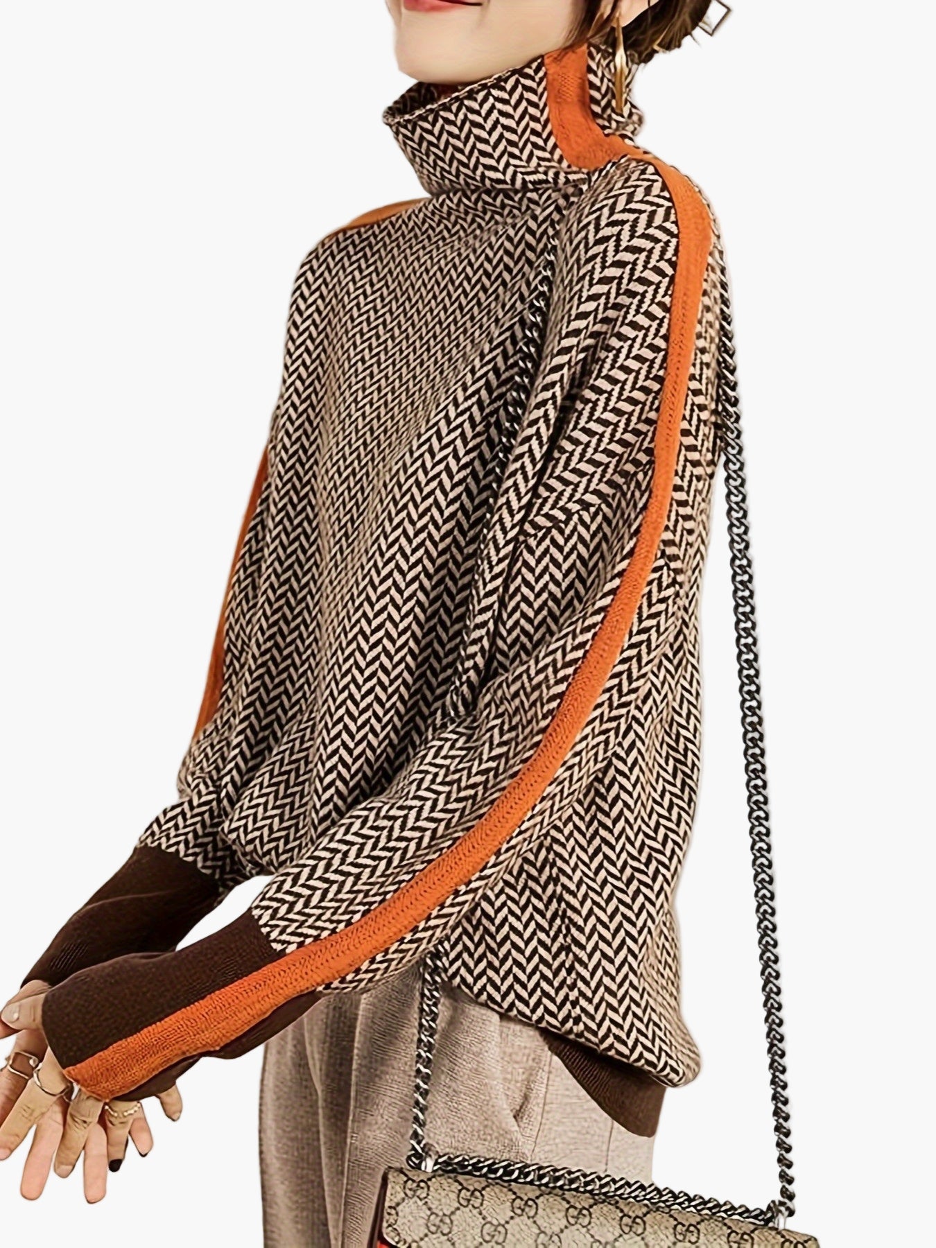 Damstickad elegant höst/vintertröja med hög krage och modern mönsterdesign – vardags- och kontorsstil