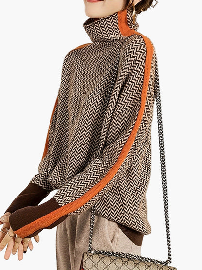 Damstickad elegant höst/vintertröja med hög krage och modern mönsterdesign – vardags- och kontorsstil