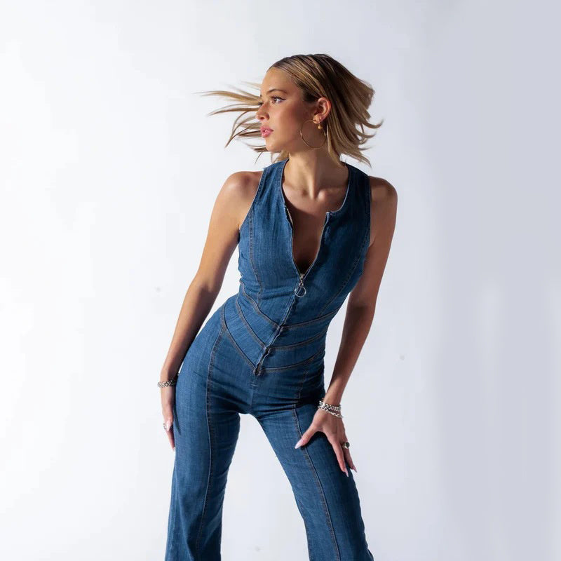 Jade – Sommar Slim Hjärtformad Rygglös Denim Jumpsuit för Kvinnor med Halterneck och Hög Midja