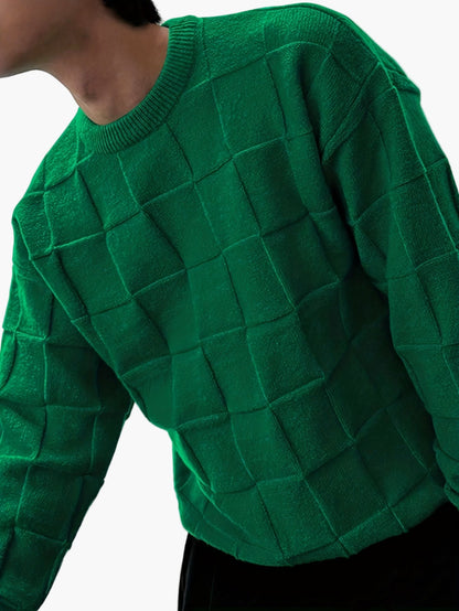 Herr Stickad Streetwear Tröja med Rutmönster – Avslappnad och Trendig för Höst/Vinter