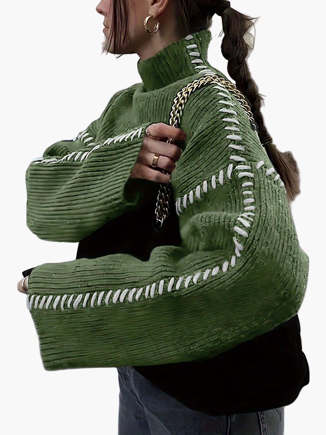 Damstickad tröja med hög krage och dekorativa sömmar – trendig vardagsstil höst/vinter