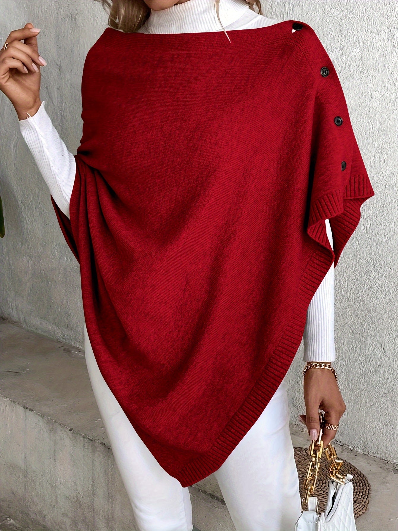 Dam Ponchokappa med Knappar – Elegant Stickad Vår & Höst Stil