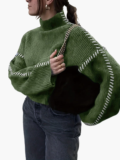 Damstickad tröja med hög krage och dekorativa sömmar – trendig vardagsstil höst/vinter