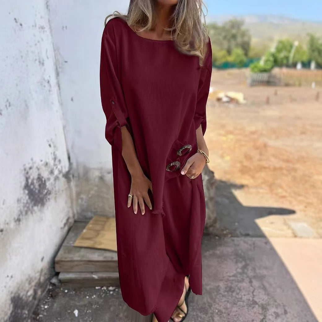 Imogen – Lång kostym med metallknappdesign och rund hals, långärmad topp och raka byxor