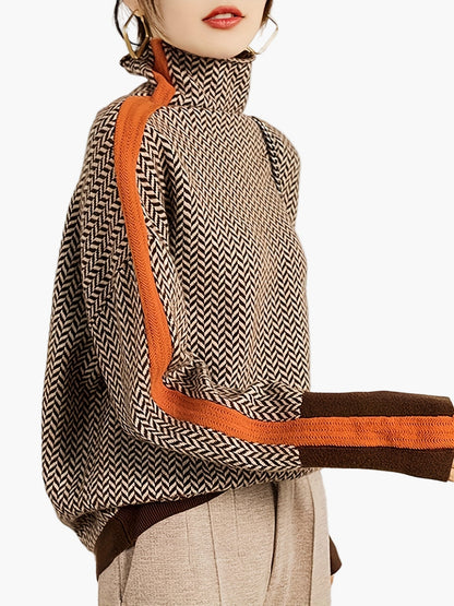 Damstickad elegant höst/vintertröja med hög krage och modern mönsterdesign – vardags- och kontorsstil