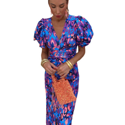 Damklänning Elegant Fest Puffärm Midilång – Perfekt för Sommar och Evenemang