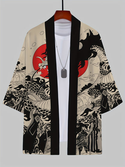 Herr Kimono Streetwear med Japansk Drakmönster – Öppen Kortärmad Casual Jacka