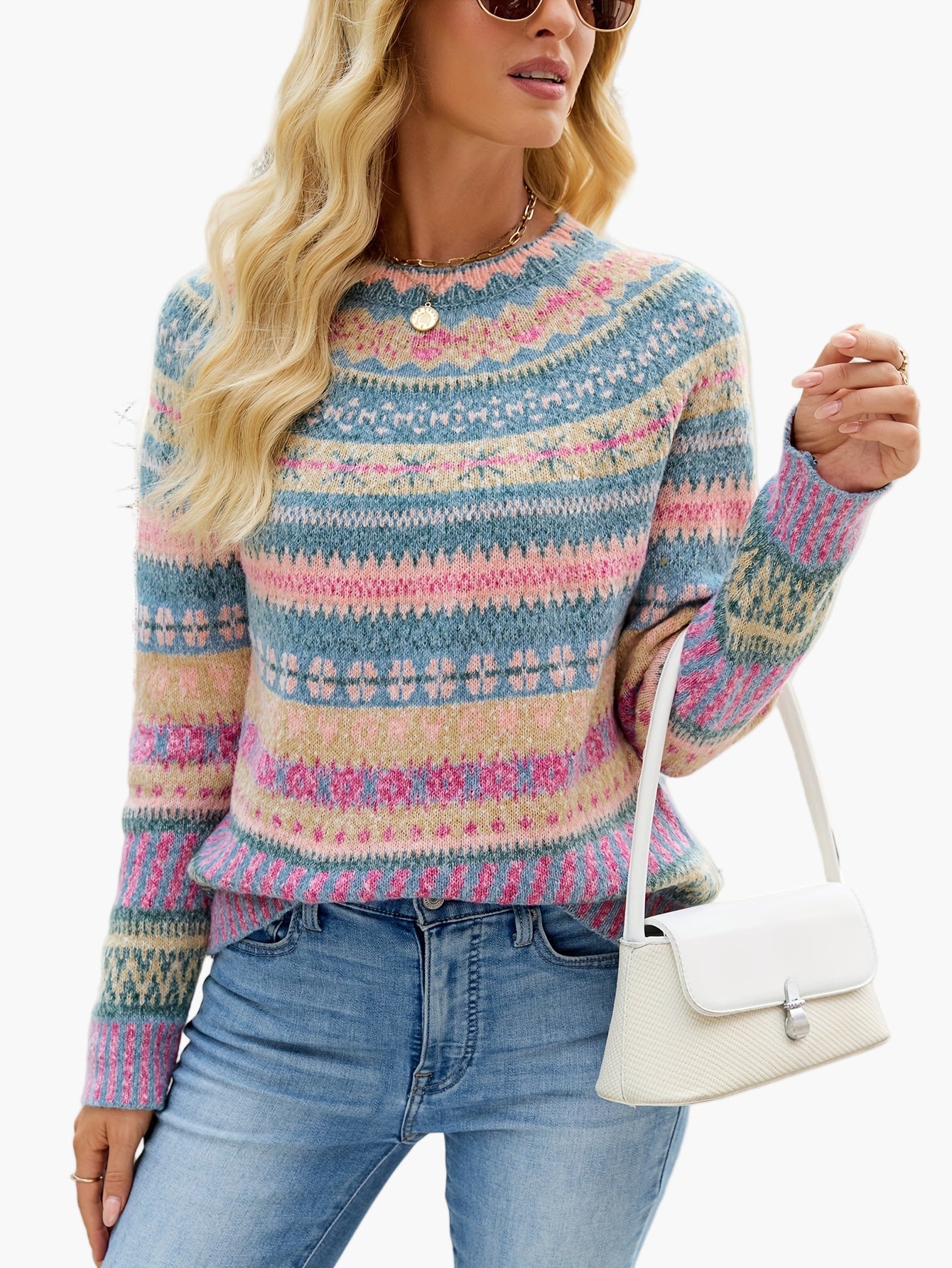 Dam Tröja Elegant Mönstrad Stickad Pullover för Höst och Vinter