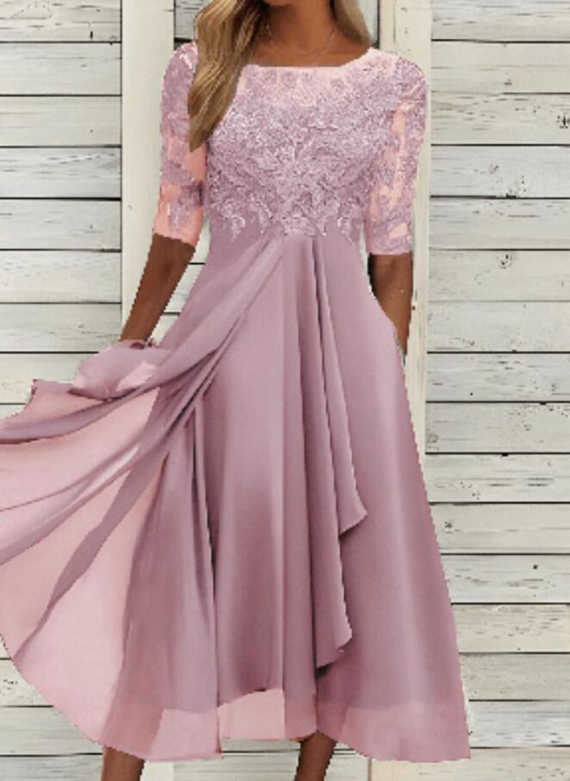 Melanie – Chiffon Klänning med Spets och Hålmönster