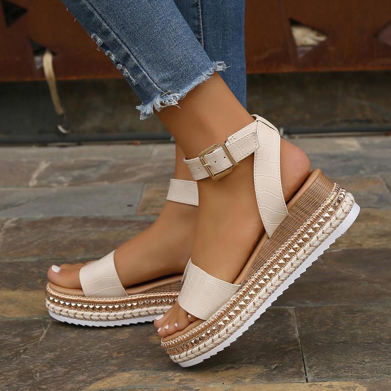Charlotte – Sandaler med spänne och kilklack i hampa