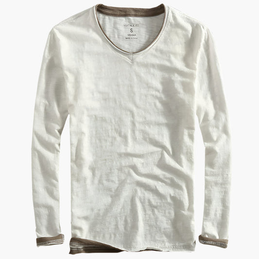 Herr långärmad V-ringad tröja med lager-på-lager-look – Smart-casual stil för vardagsbruk