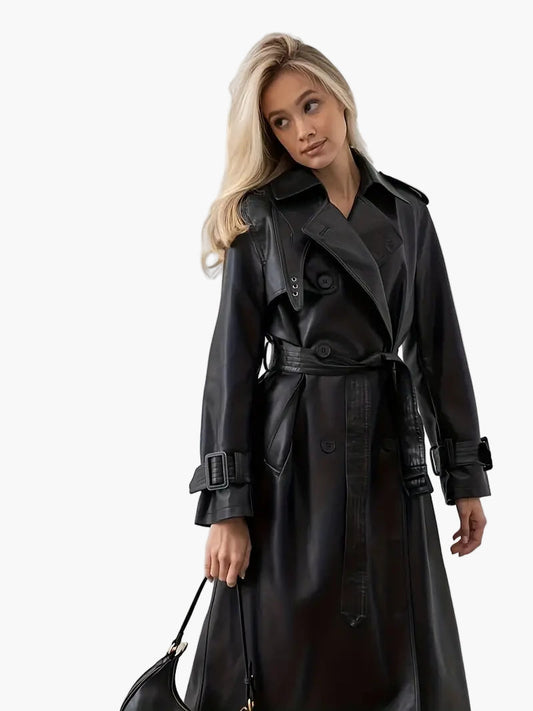 Dam Trenchcoat – Lång Klassisk Stil med Bälte och Breda Reverser – Perfekt för Höst och Vinter