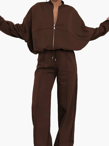 Damers avslappnade träningsset med dragkedja – sportigt och modernt tvådelat vardagsset