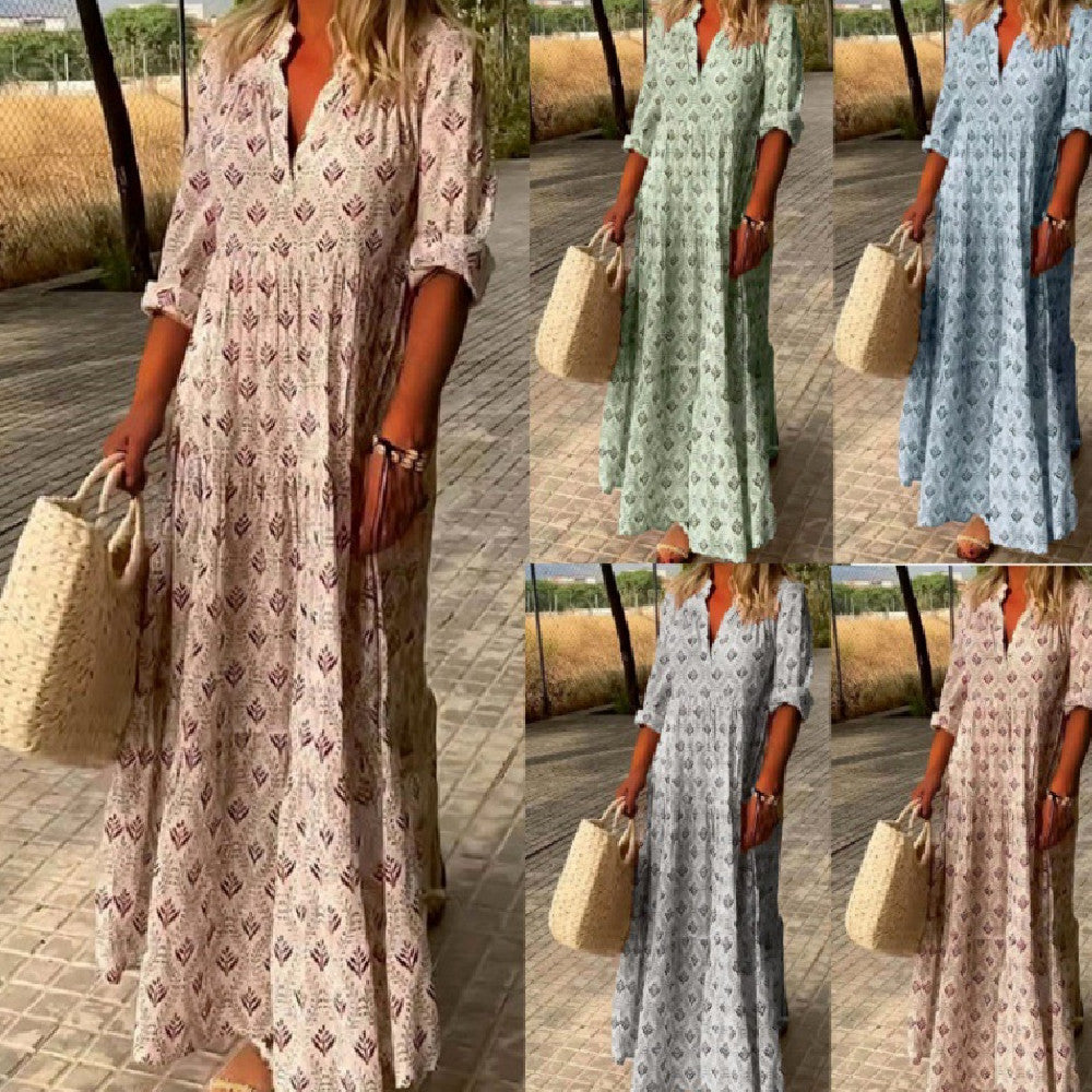 Donna – Vintage Stående Hals Oversized Mode Lös Passform Klänning