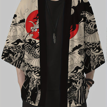 Herr Kimono Streetwear med Japansk Drakmönster – Öppen Kortärmad Casual Jacka
