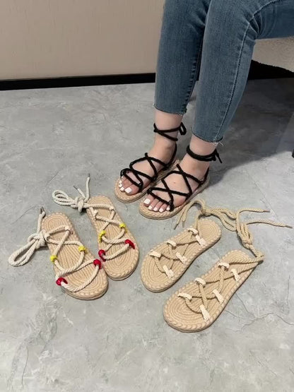 Dam Sandaler Boho Platta Snörade Sommarskor för Semester och Strand