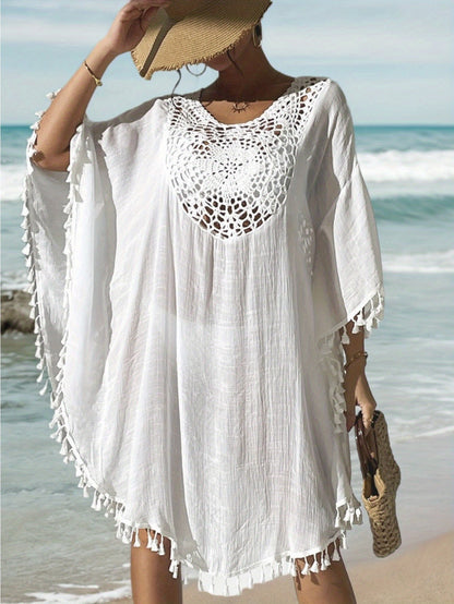 Dam Poncho-Kaftan Strandtunika Med Virkad Detalj och Toffsar – Bohemisk Semesterstil