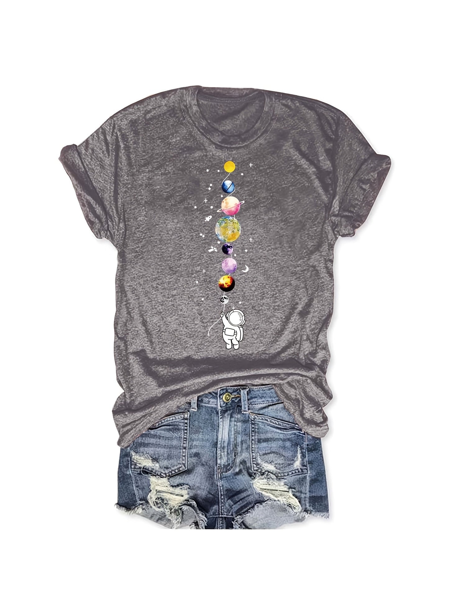 Dam T-shirt med Astronaut och Planeter – Trendig och Kreativ Design, Casual Stil