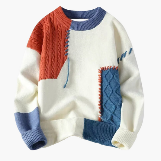 Herr Patchwork Stickad Tröja – Modern, Avslappnad och Varm för Höst & Vinter