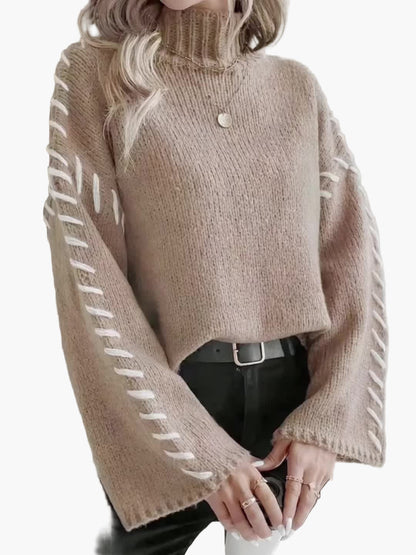 Damstickad tröja med hög hals och dekorativa sömmar – Elegant höst- och vintermode