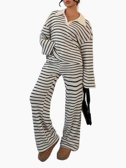 Dam Set Lounge Wear Randig Långärmad Tröja och Vida Byxor Bekvämt Höst/Vinter