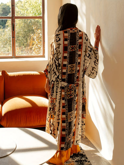 Dam Kimono Lång Bohemisk Strand Kaftan med Geometriskt Mönster – Elegant Sommarplagg