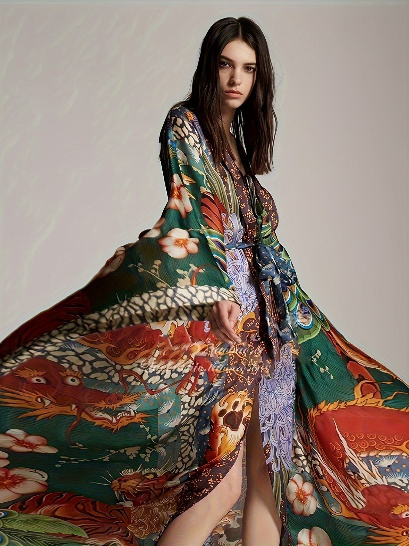 Damernas lyxiga kaftan kimono maxi – dramatisk orientaliskt mönster, perfekt för semester och kvällsbruk