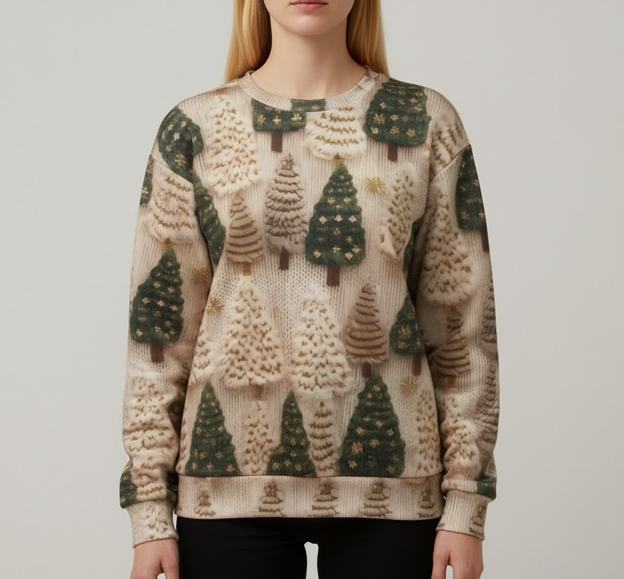 Damen Weihnachts-Shirt mit 3D-Tannenbäumen – Festlicher Look für die Winterzeit