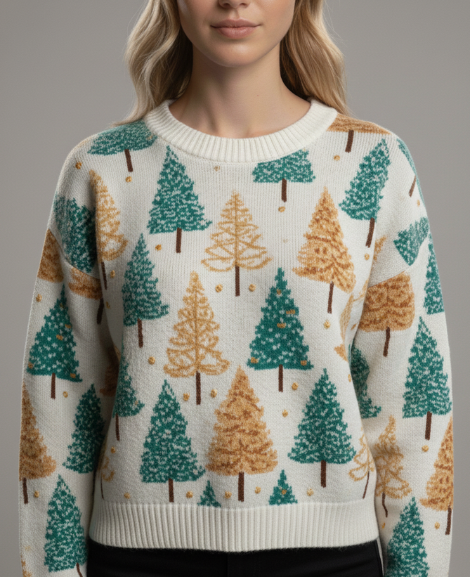 Damen Weihnachts-Shirt mit 3D-Tannenbäumen – Festlicher Look für die Winterzeit