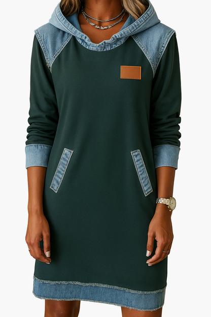 Dam Hoodie Klänning med Denimdetaljer – Avslappnad och Trendig för Vardagsbruk
