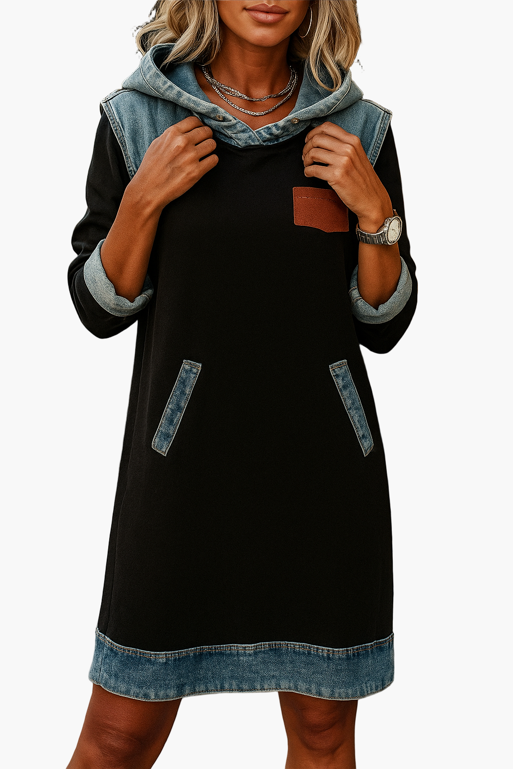 Dam Hoodie Klänning med Denimdetaljer – Avslappnad och Trendig för Vardagsbruk