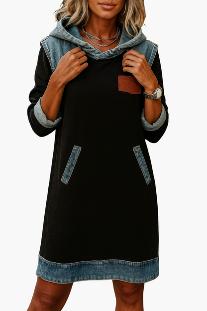 Dam Hoodie Klänning med Denimdetaljer – Avslappnad och Trendig för Vardagsbruk