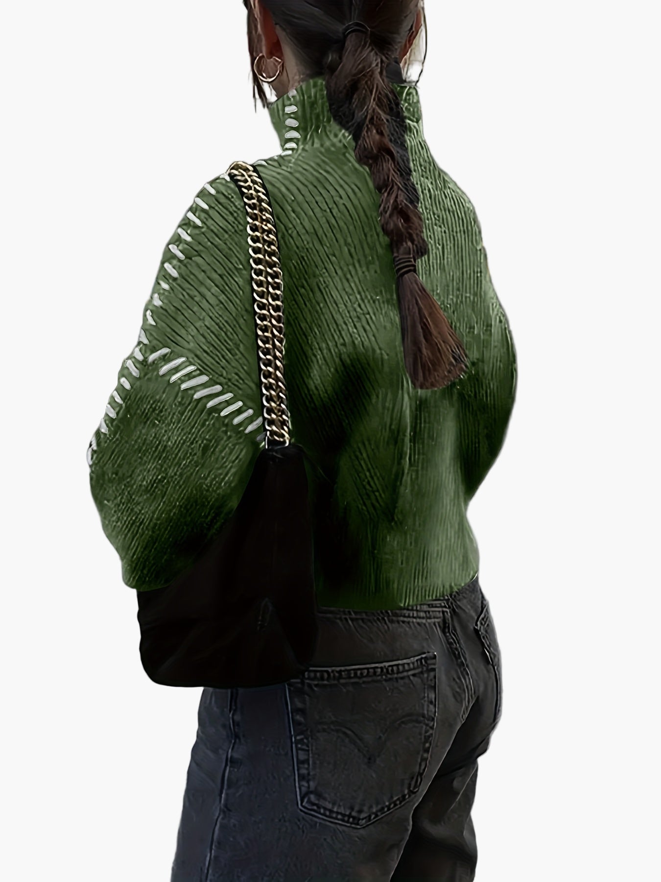 Damstickad tröja med hög krage och dekorativa sömmar – trendig vardagsstil höst/vinter