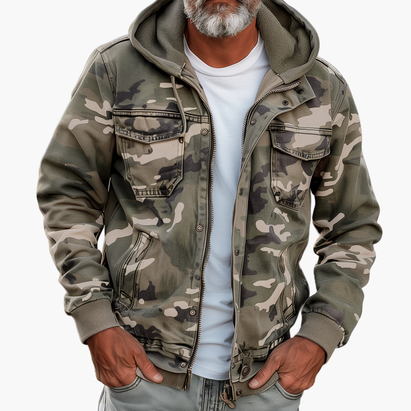 Herrjacka med huva – Cargo Camouflagejacka för utomhusbruk och streetwear