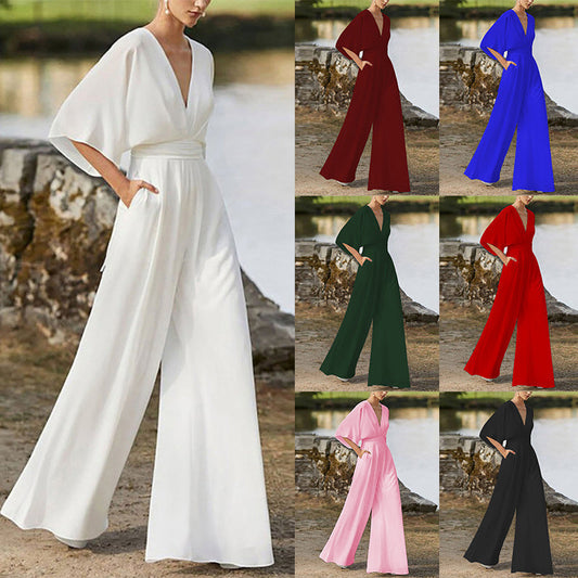 Rebecca – Klänning Jumpsuit med Djup V-hals och Hög Midja