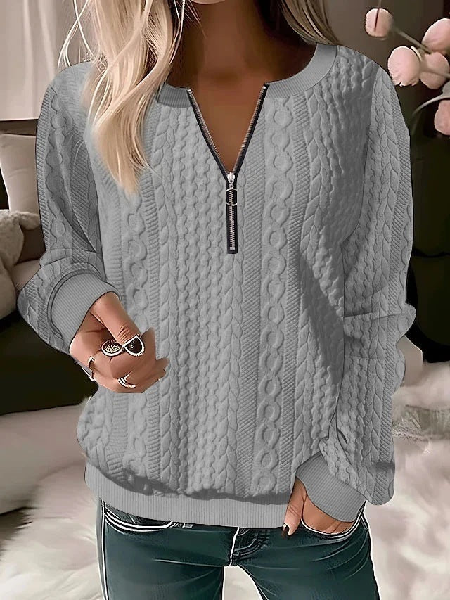 Sandra – Långärmad T-shirt med V-ringning och Dragkedja i Enfärgat