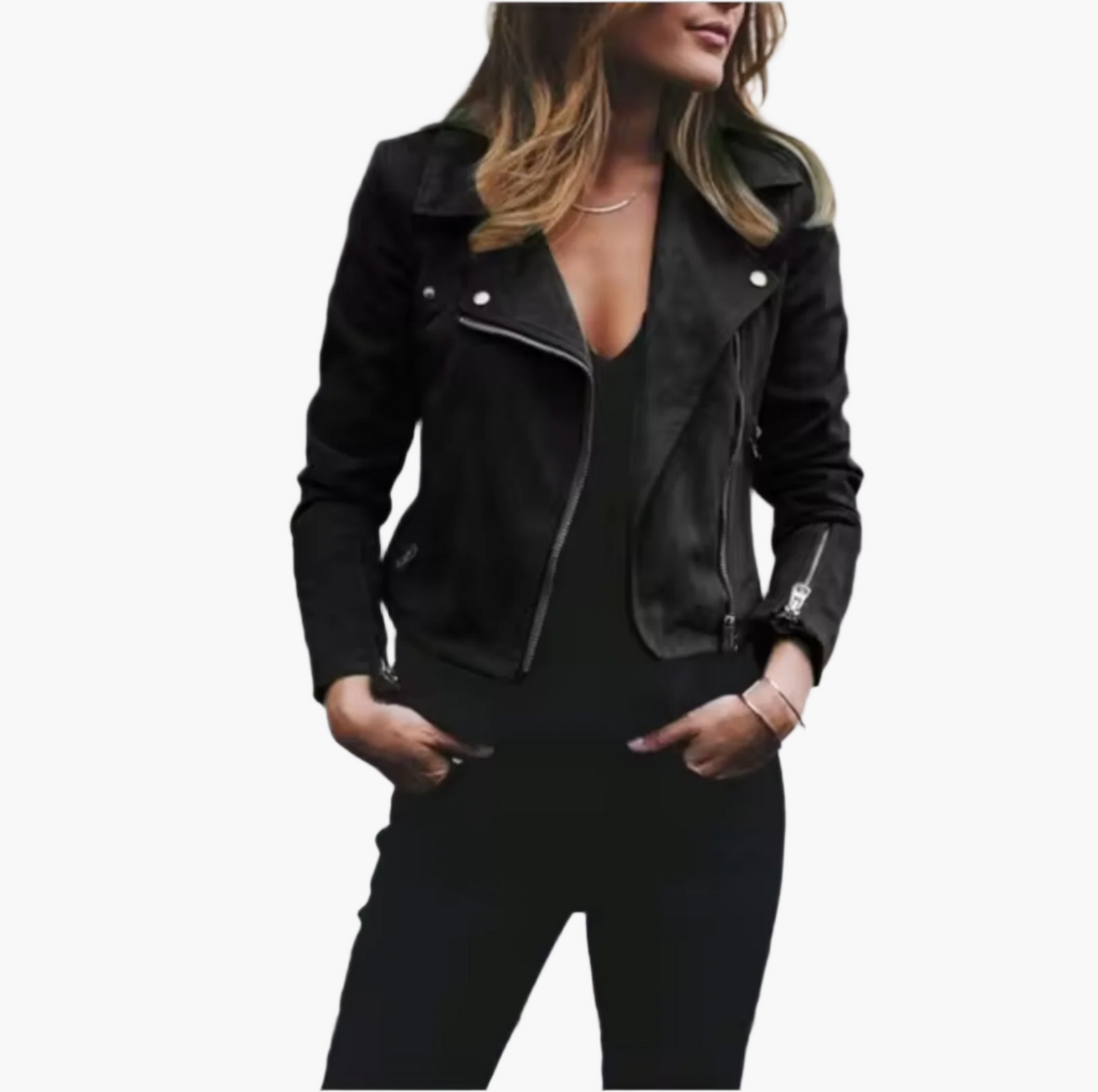 Dam Kort Skinnjacka – Moderiktig Bikerstil Perfekt för Vardag och Utekväll