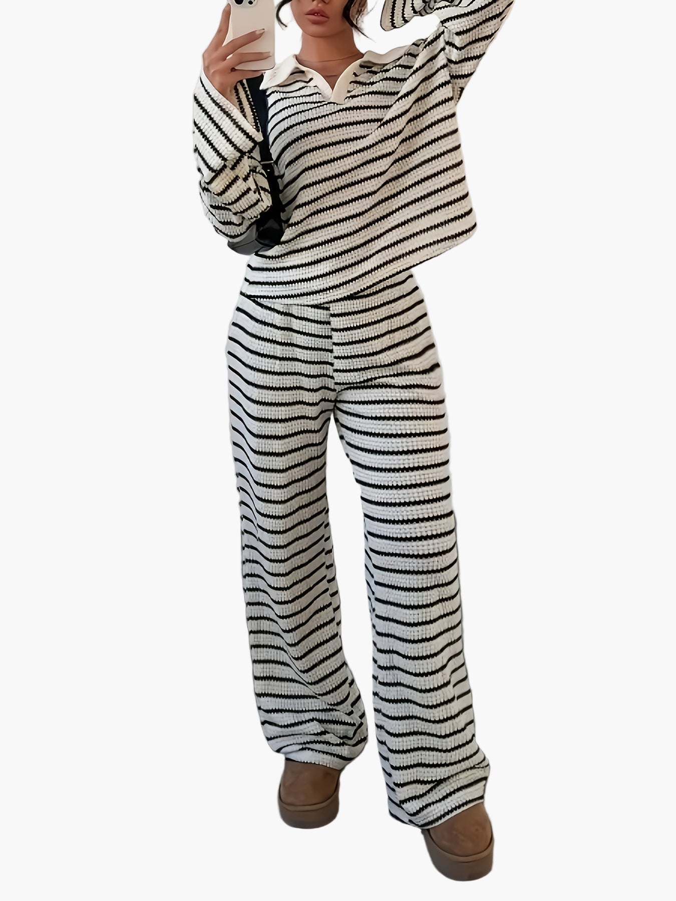 Dam Set Lounge Wear Randig Långärmad Tröja och Vida Byxor Bekvämt Höst/Vinter