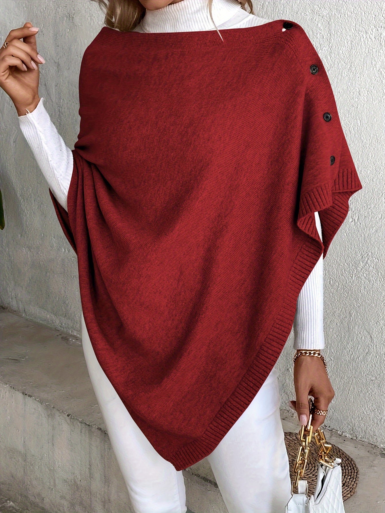 Dam Ponchokappa med Knappar – Elegant Stickad Vår & Höst Stil