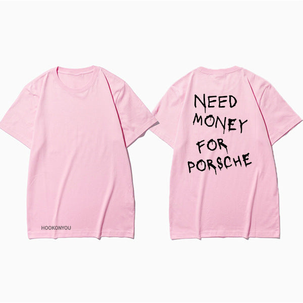 Herr T-shirt med tryck – Rolig streetwear med texten 'Need Money For Porsche', avslappnad stil, kort ärm